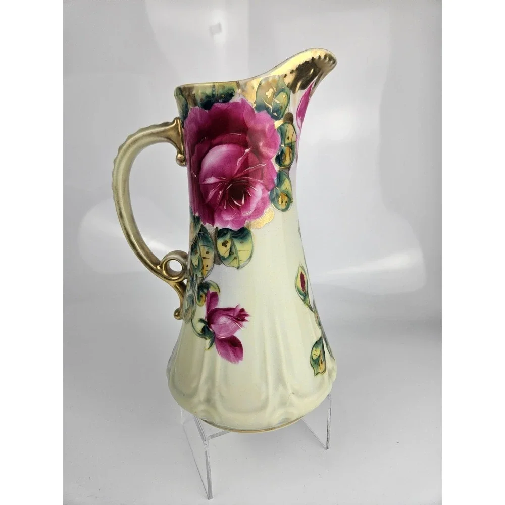 Vintage Hand Painted Rose‎ Porcelain Pitcher Gold Gilt Trim Wow!